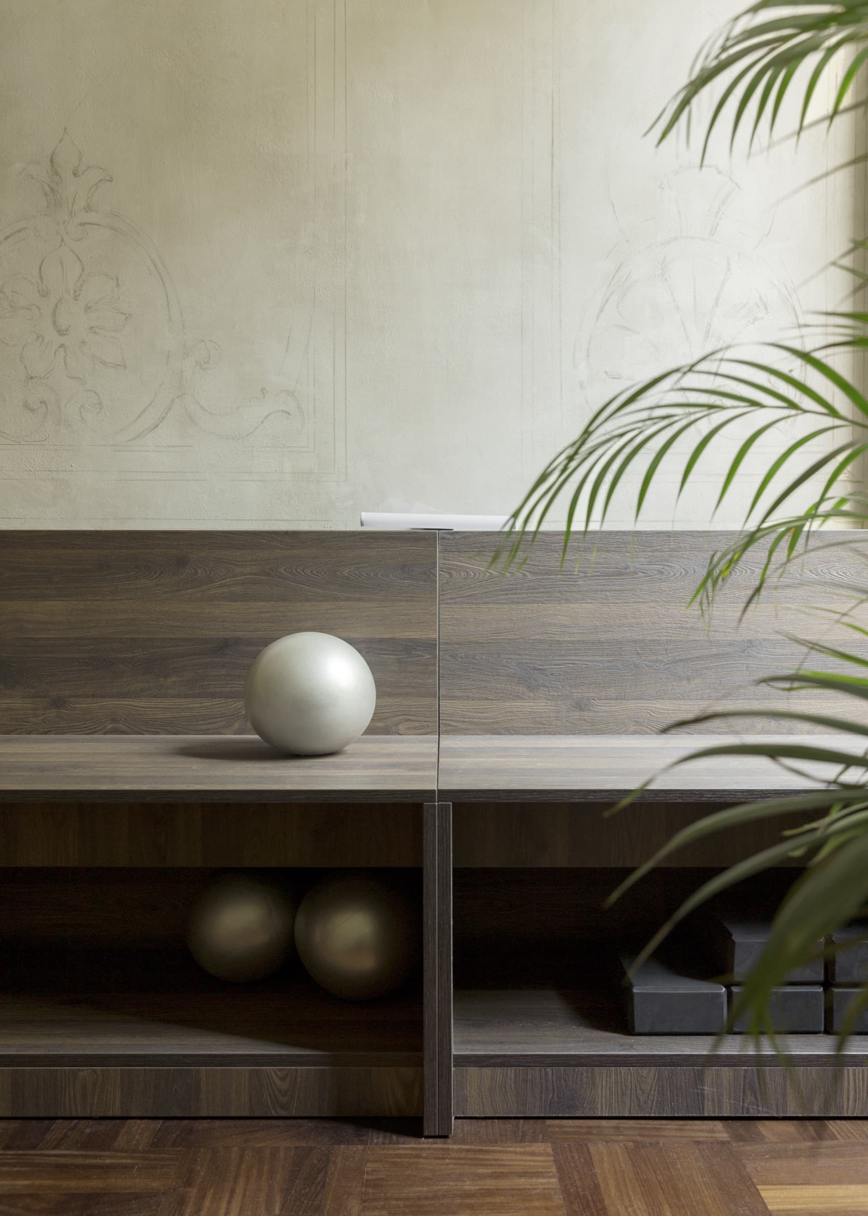 Wood bench with Pilates ball detail at HY Brera